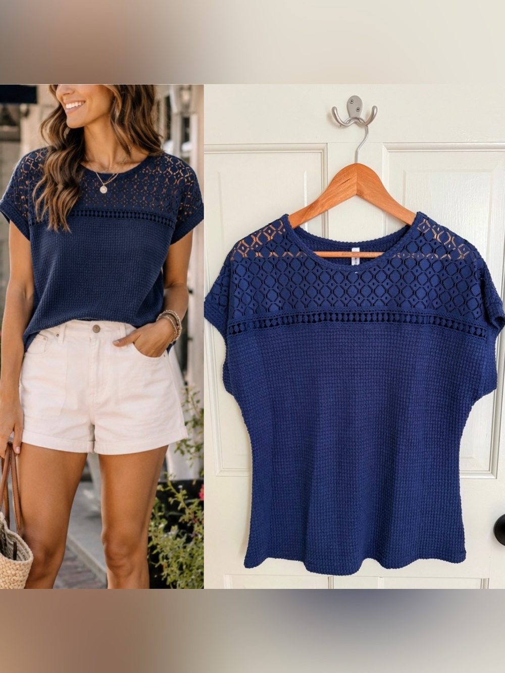 Dokotoo Navy Crochet Yoke Knit Top